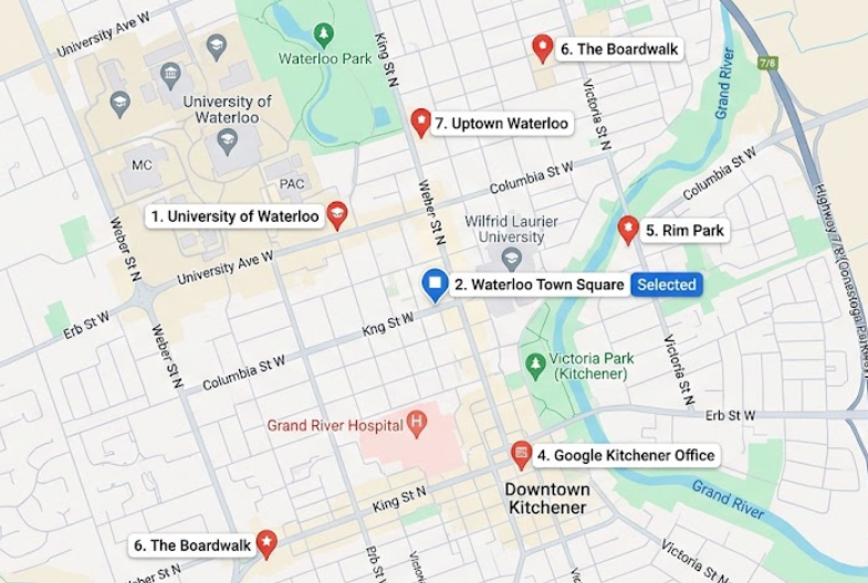Sample targeting map of Kitchener–Waterloo with numbered priority locations, including the University of Waterloo, Waterloo Town Square, Uptown Waterloo, Rim Park and downtown Kitchener.